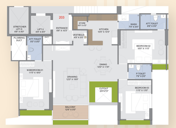 3 BHK floor plan