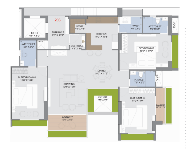 3 BHK floor plan