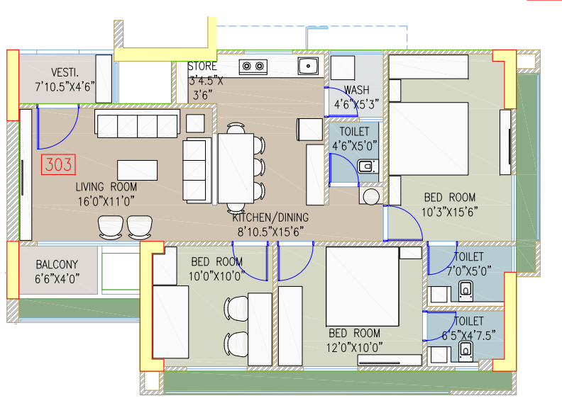 3 BHK floor plan