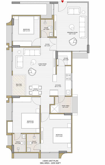 3 BHK floor plan