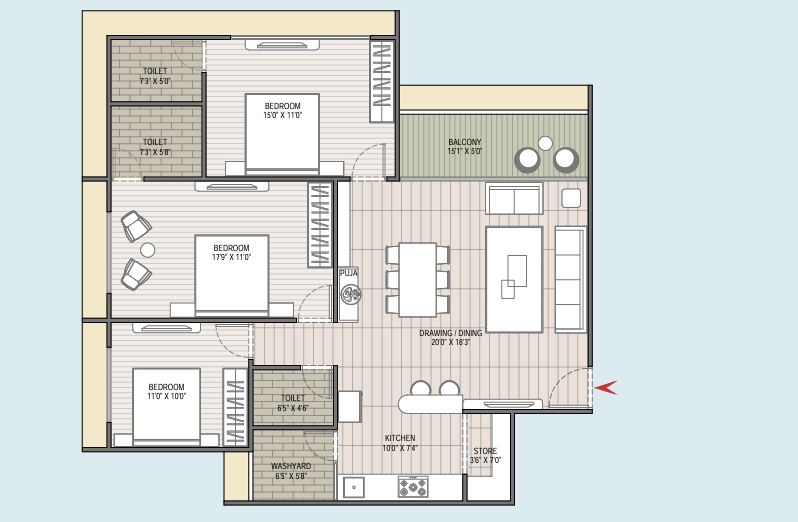 3 BHK floor plan