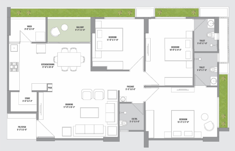 3 BHK floor plan