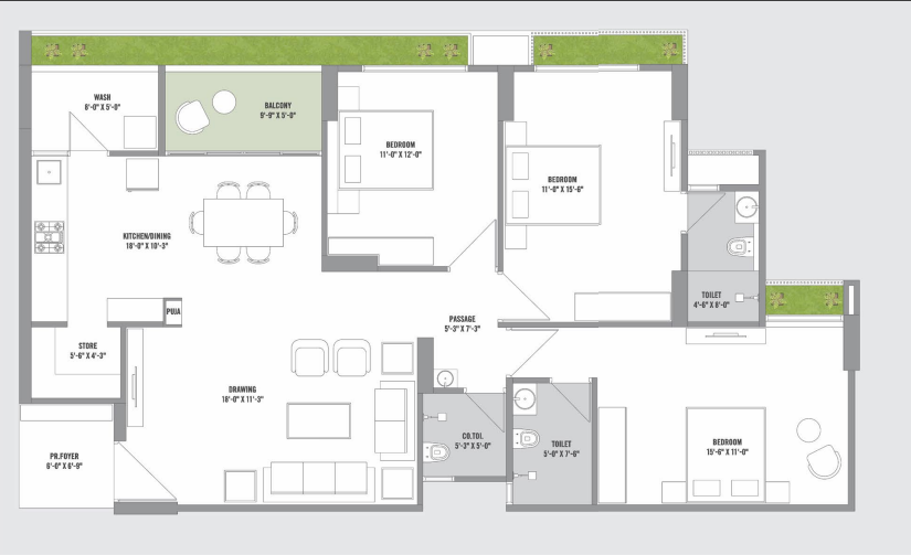 3 BHK floor plan