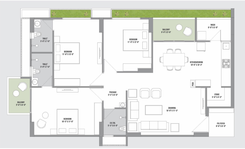 3 BHK floor plan