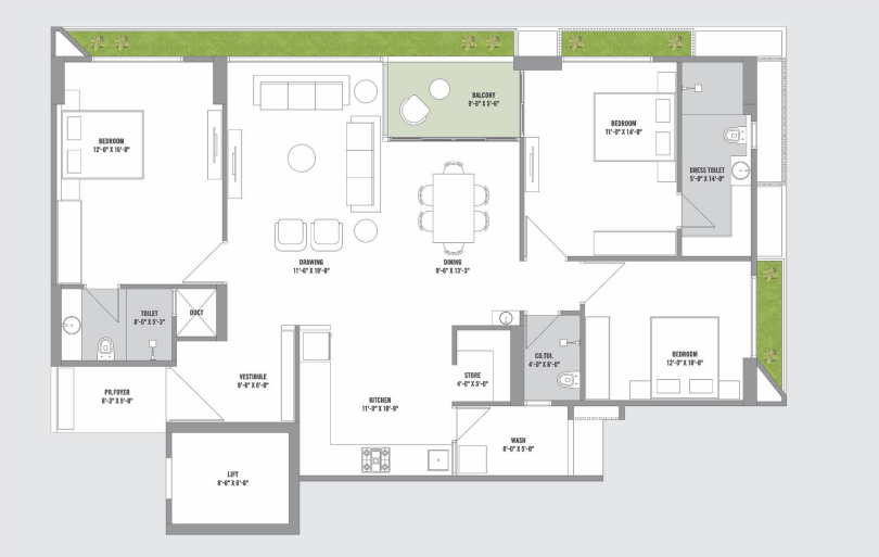 3 BHK floor plan