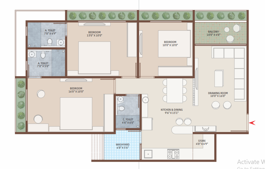 3 BHK floor plan
