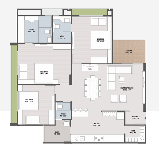 3 BHK floor plan