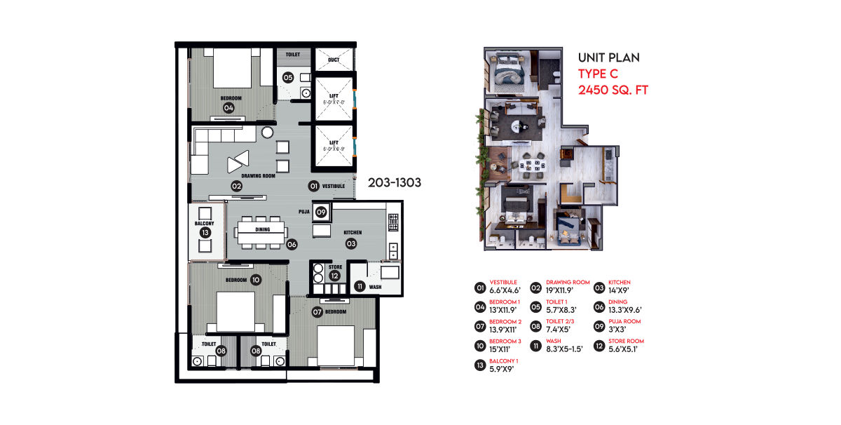 3 BHK floor plan