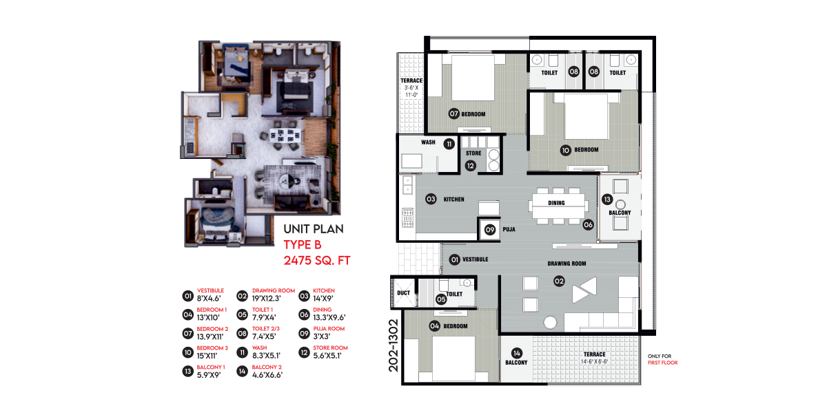3 BHK floor plan