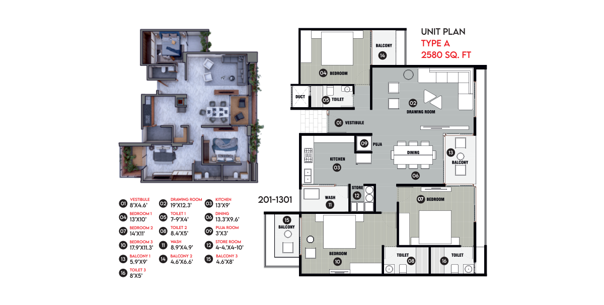 3 BHK floor plan