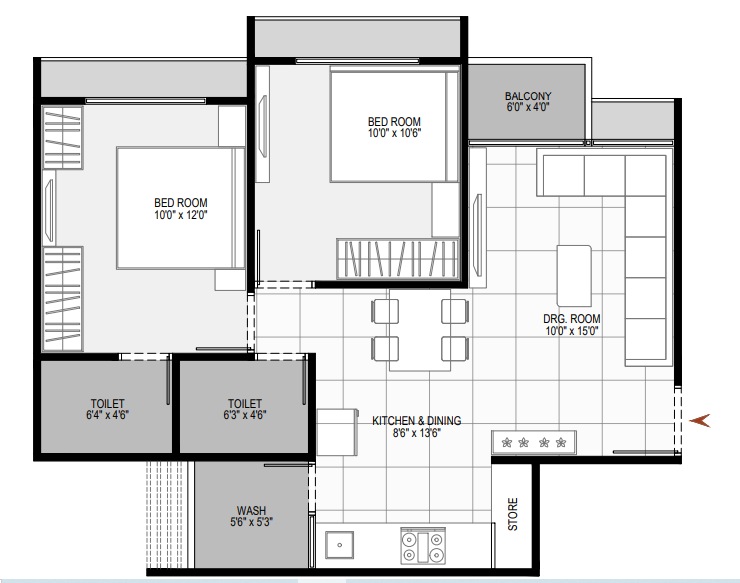 2 BHK floor plan