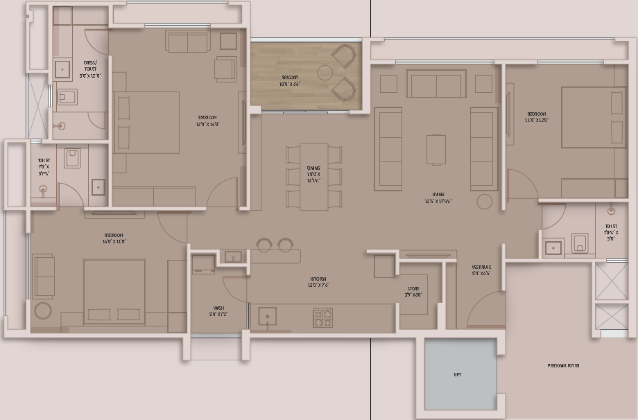 3 BHK floor plan