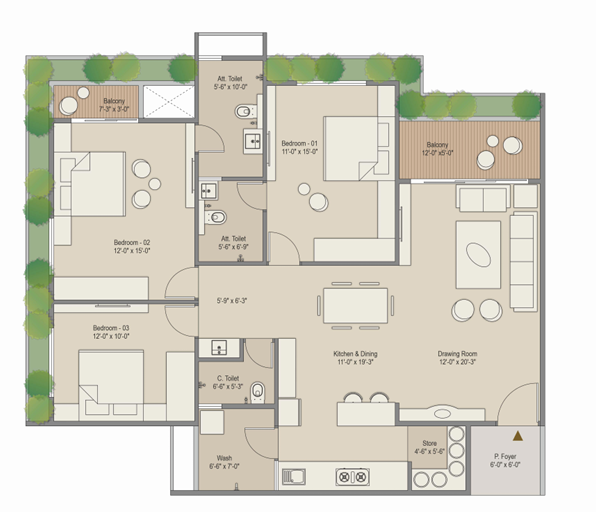 3 BHK floor plan