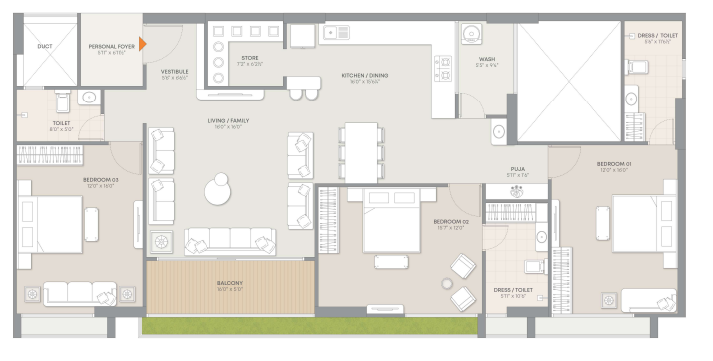 3 BHK floor plan
