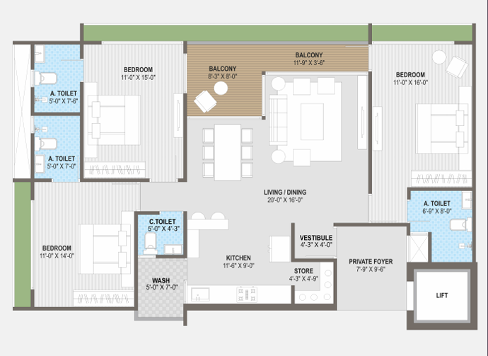 3 BHK floor plan