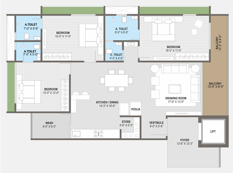 3 BHK floor plan