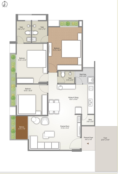 3 BHK floor plan