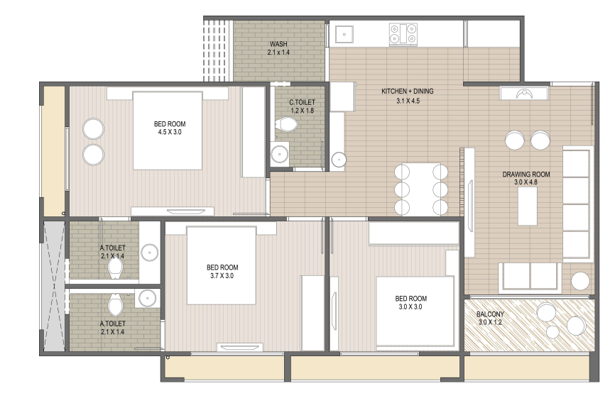 3 BHK floor plan
