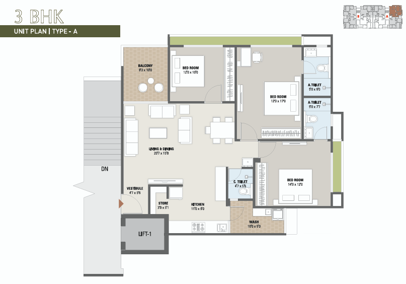 3 BHK floor plan