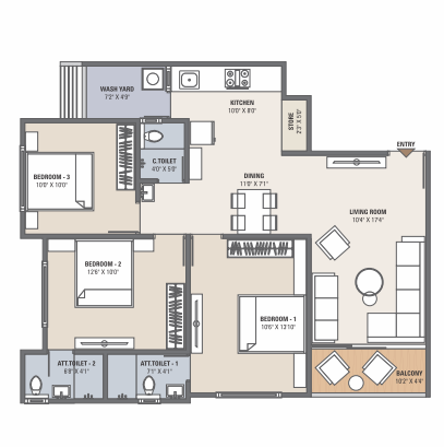 3 BHK floor plan