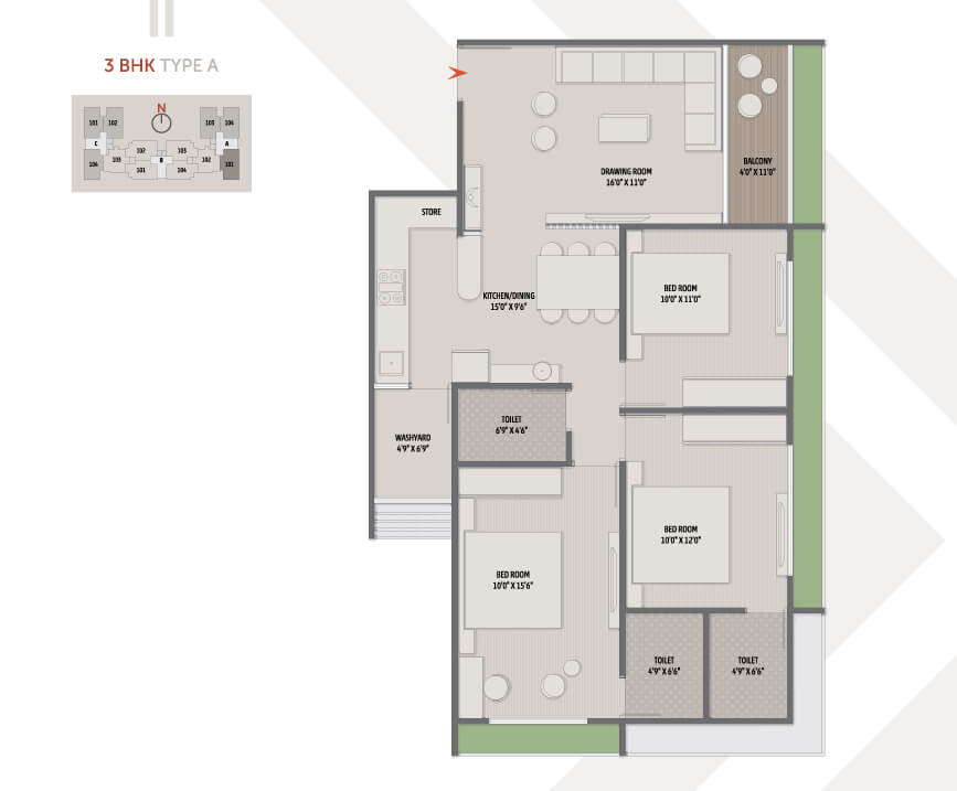 3 BHK floor plan