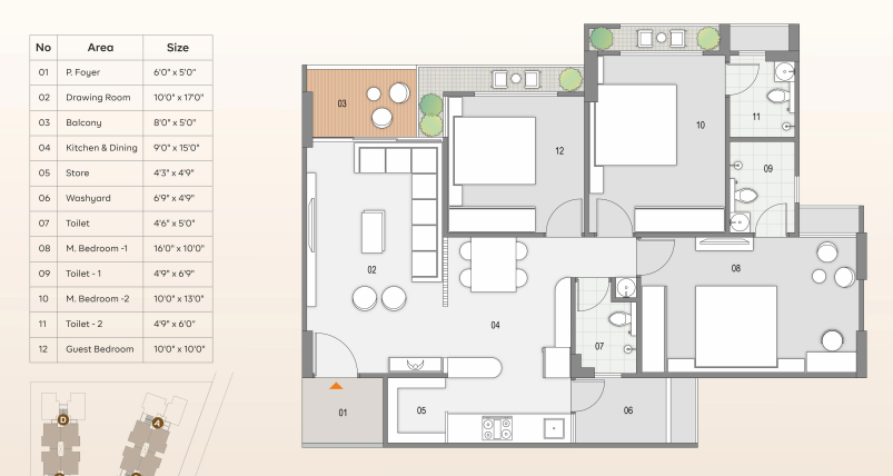 3 BHK floor plan
