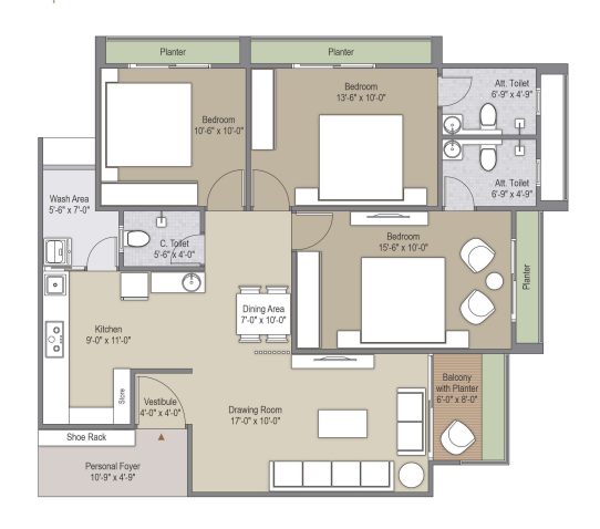 3 BHK floor plan
