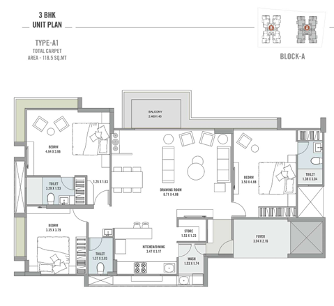 3 BHK floor plan