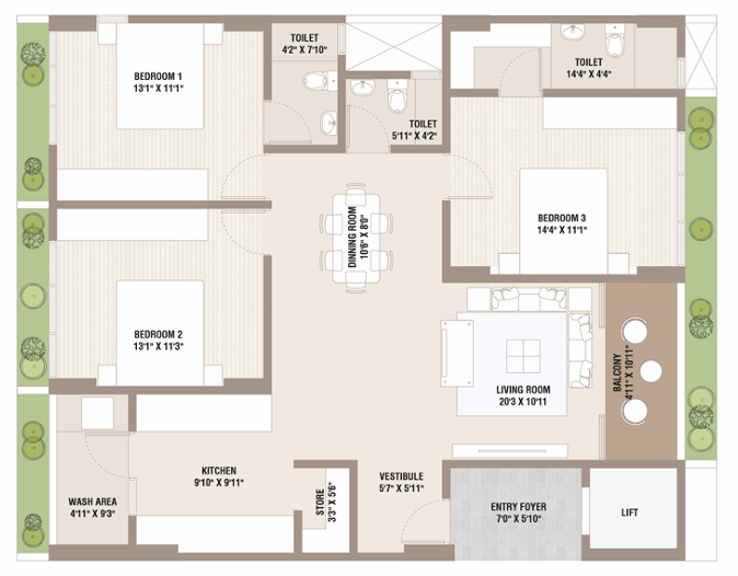 3 BHK floor plan