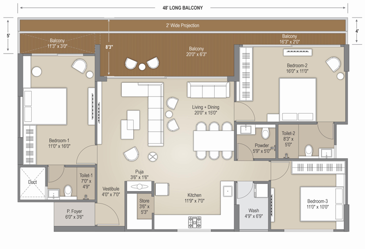 3 BHK floor plan