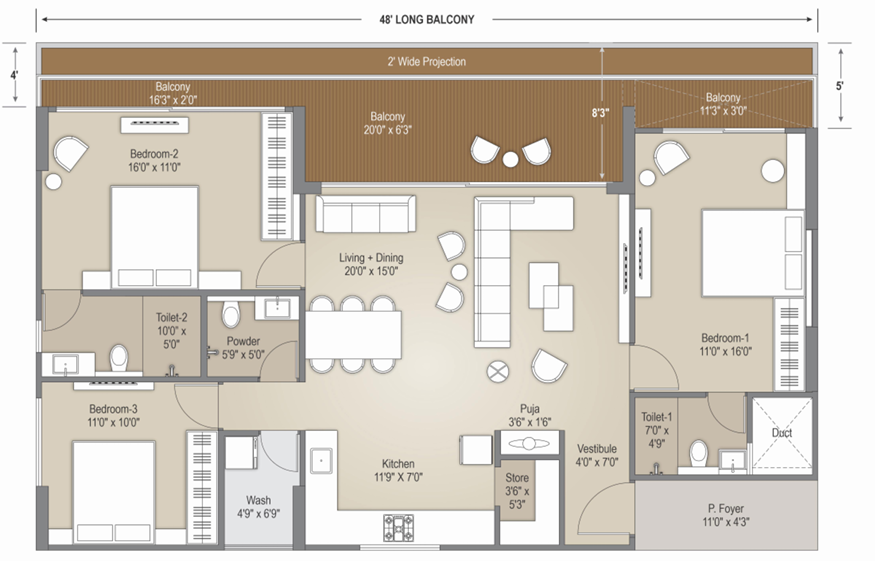 3 BHK floor plan