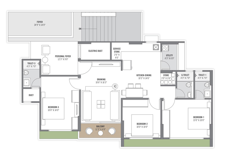 3 BHK floor plan