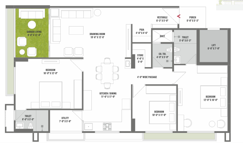 3 BHK floor plan