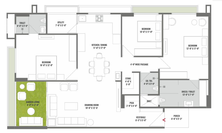 3 BHK floor plan