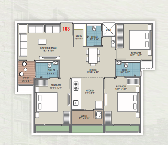 3 BHK floor plan
