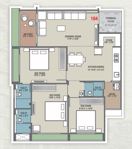 3 BHK floor plan