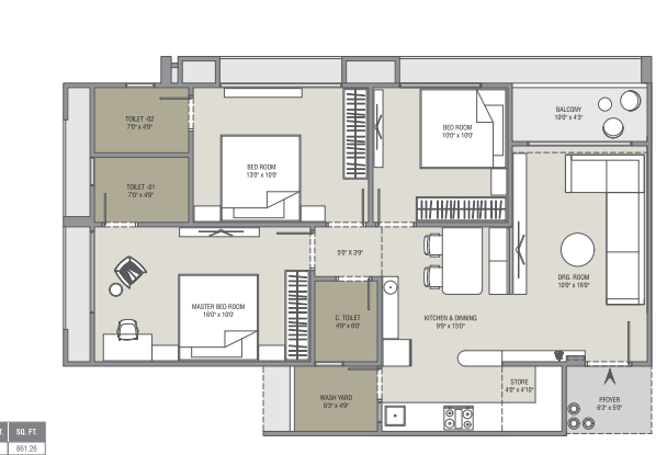 3 BHK floor plan