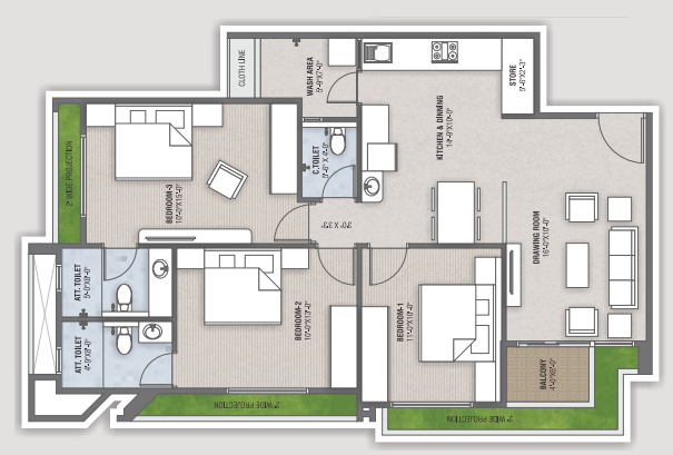 3 BHK floor plan