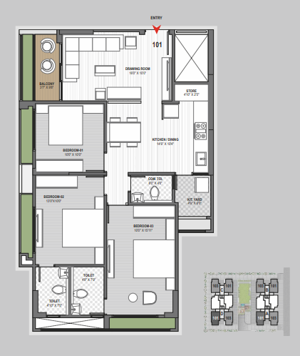 3 BHK floor plan