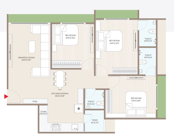 3 BHK floor plan