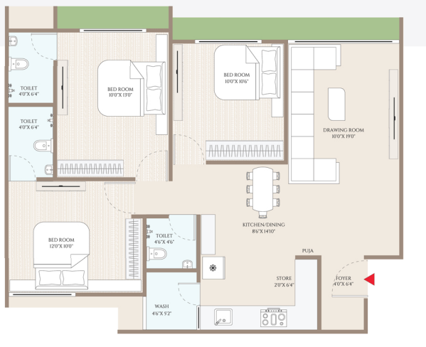 3 BHK floor plan