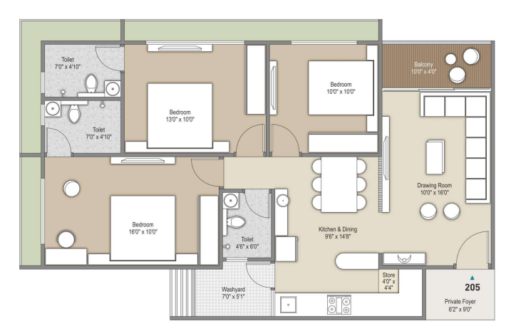3 BHK floor plan