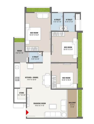 3 BHK floor plan