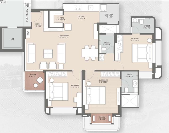3 BHK floor plan