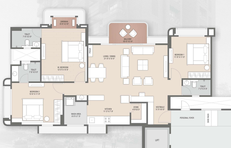 3 BHK floor plan