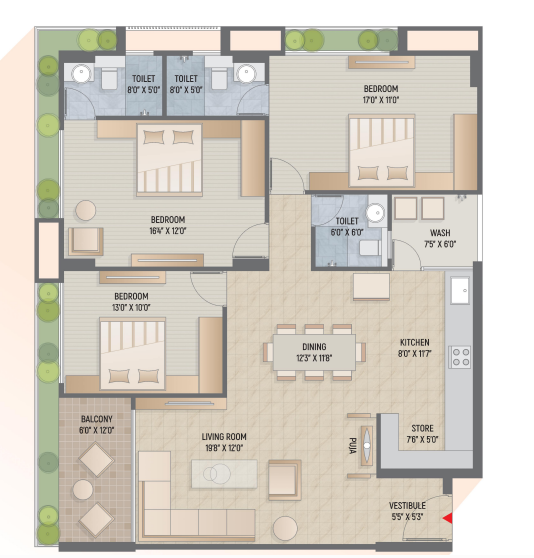 3 BHK floor plan