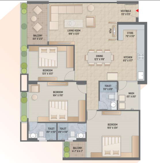 3 BHK floor plan