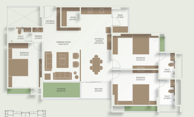 3 BHK floor plan