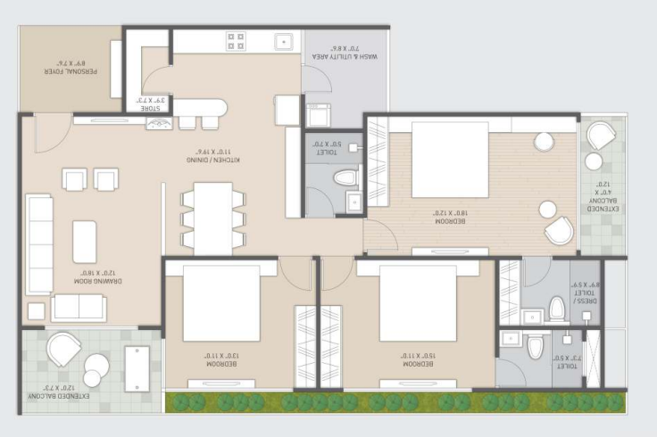 3 BHK floor plan