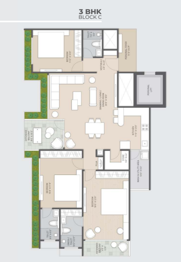 3 BHK floor plan